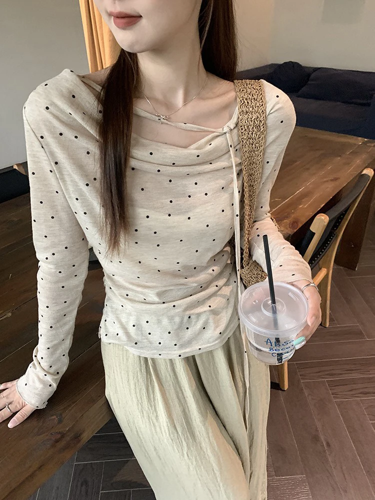 Polka Dot Lace-up Long Sleeve T-Shirt Summer Thin One-Shoulder Women's T-shirt 2025 Slim Women Tops Korean Style Women Clothing
