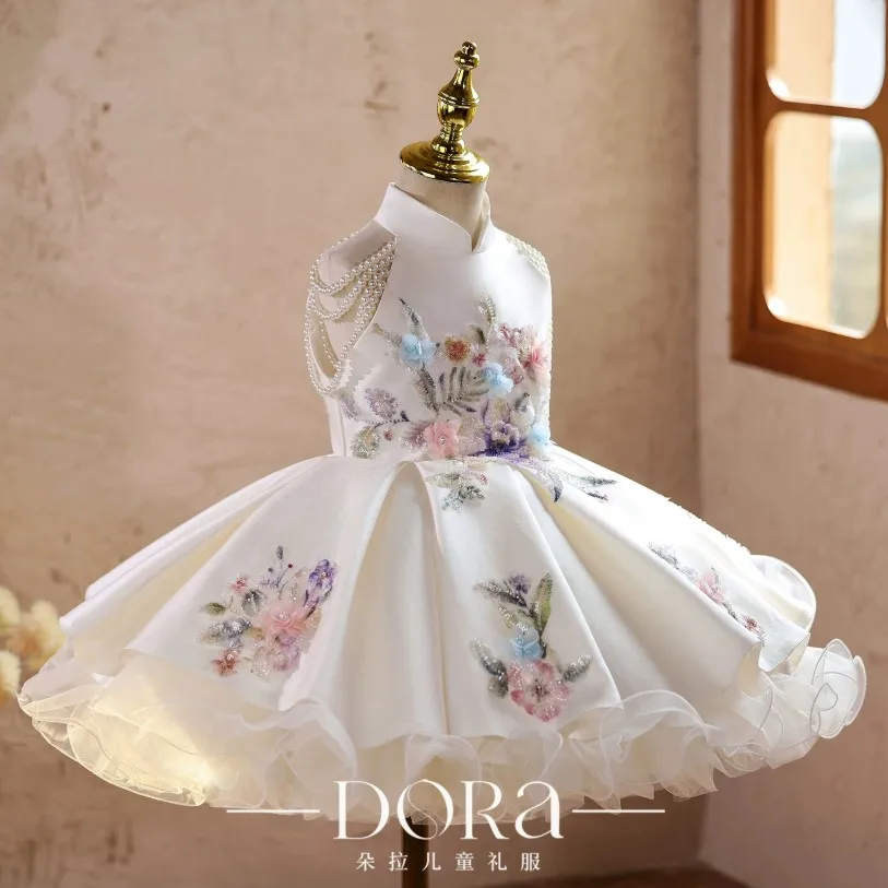 Neues Prinzessinnenkleid für Mädchen, bestickt mit Perlen und Blumen, Kinder-Festkleid aus Satin und Tüll, Hochzeits- und Geburtstagsparty-Kostüm für 2-12 Jahre A5099 – Detail 5