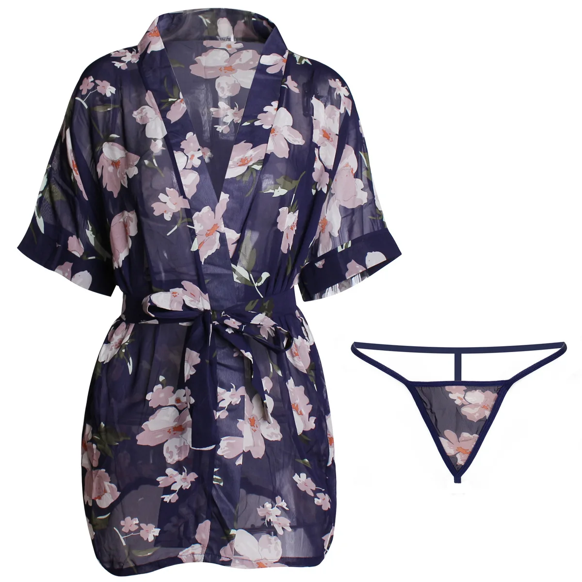 Erotic Japanese Kimono Set Women Deep V See Through Lingerie Sleepwear Bathrobe Female Chiffon Nightgown Perspective Bathrobe