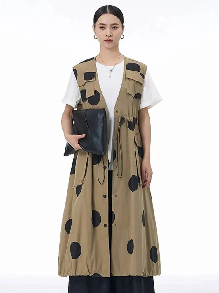 Women Red Dot Printed Drawstring Big Size Long Vest New V-collar Sleeveless Fashion Tide Spring Autumn