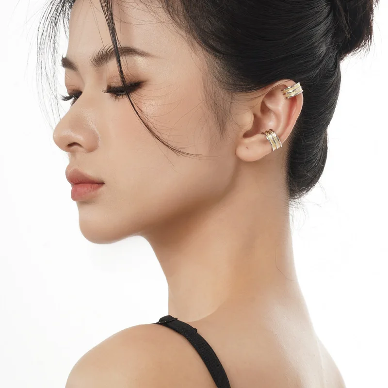 Korean Version Minimalist Fashion S925 Sterling Silver Two-color Geometric Stacked Ear Clip Female Pierced Texture Ear Clip