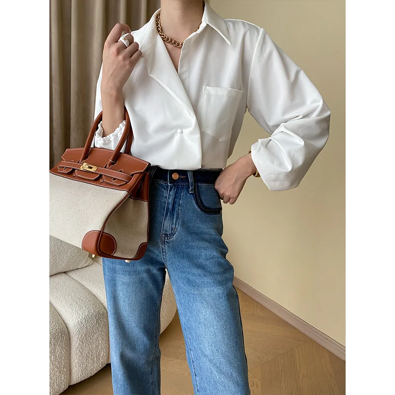 

Niche Designer Style Early Fall One-button Fashion Front Flap Pleated Lantern Sleeve Shirt