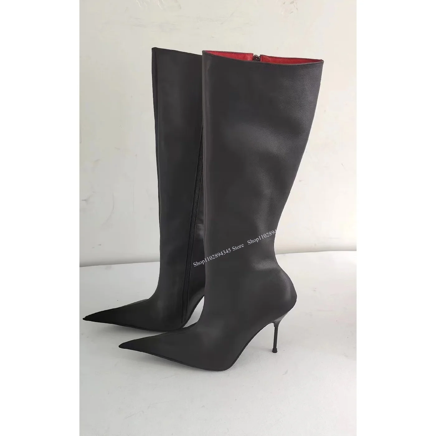 Black Real Leather Knee High Zipper Boots Pointed Toe Thin High Heel Cool Fashion Sexy Winter 2024 Woman Shoes Zapatillas Mujer