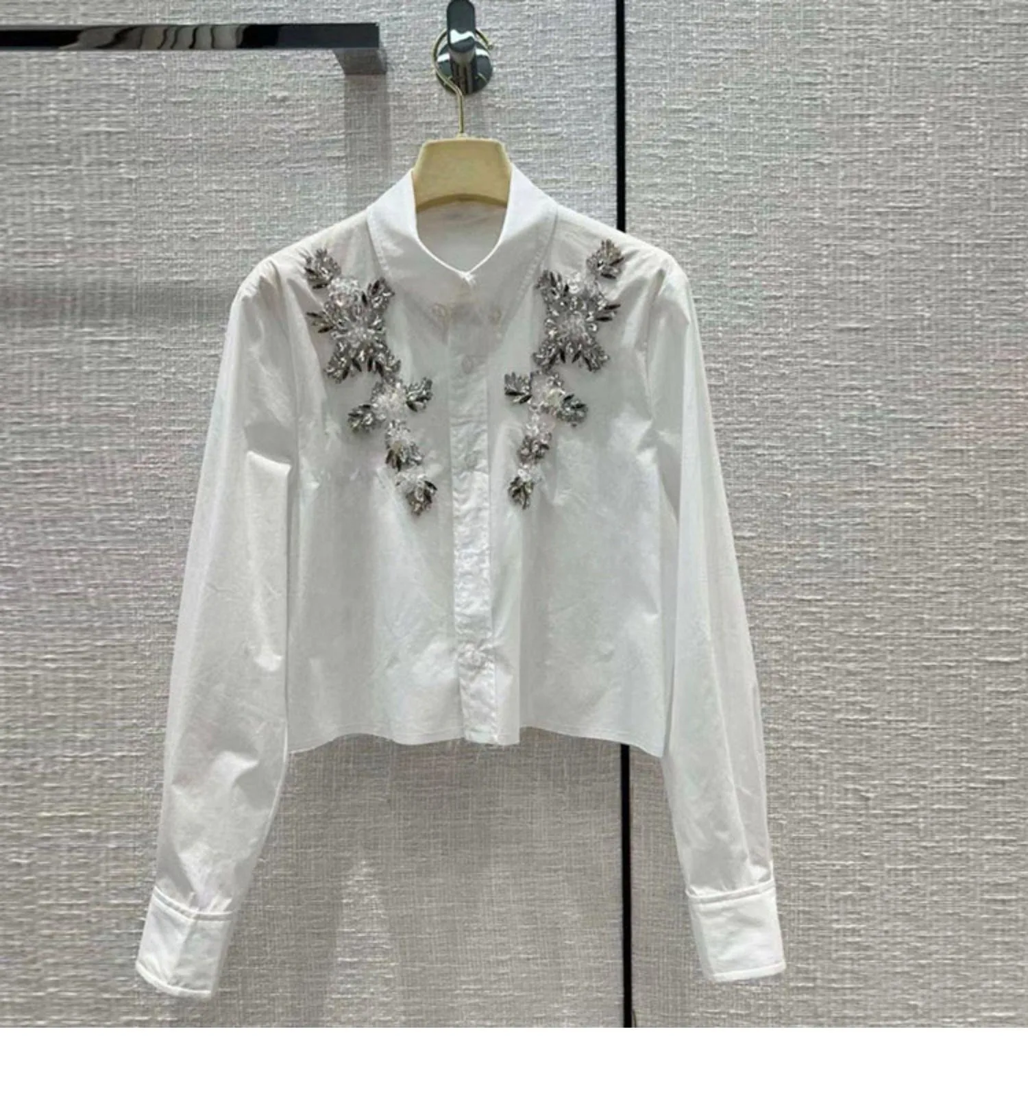 PDEP 2023 Autumn Korean Clothing Short White Slim Fit Shirt Top for Women New Diamond Embedding Blouses Blusa Mujer Moda