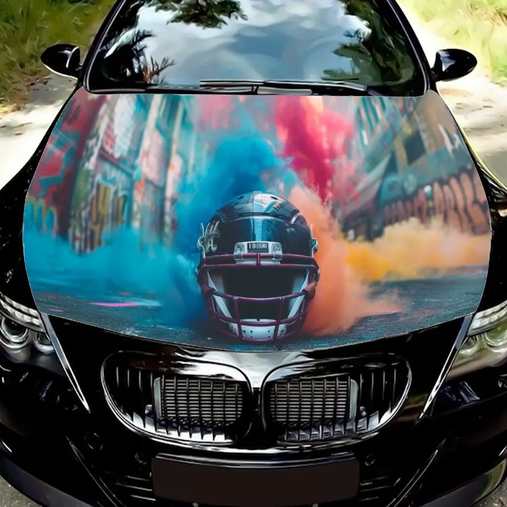 

American Football Helmets and Colored Smoke，Gift, Car Vinyl Wraps, Engine Hood Decal Sticker, Splash-Resistant, Easy Removal, Du