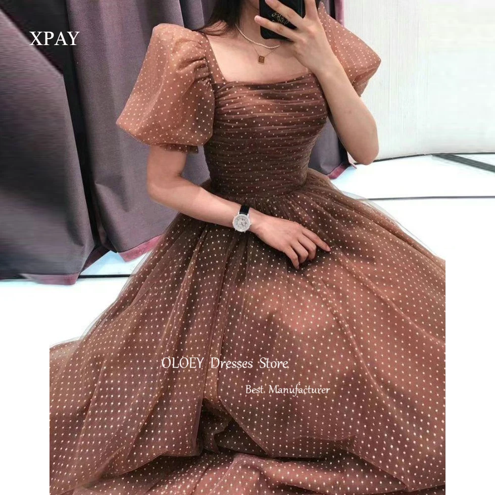 

XPAY Dotted Tulle A Line Evening Party Dresses Puff Short Sleeves Square Neck Floor Length Prom Gowns Formal Party Dress