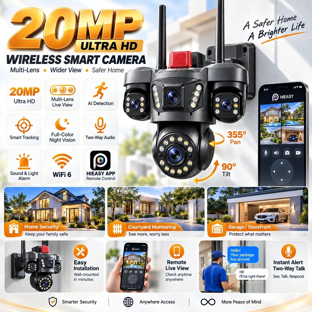 20MP 10K 4 Lens 4 Screen PTZ Security Camera Outdoor WiFi IP Camera 16X Zoom 360° View Auto Tracking Wireless CCTV