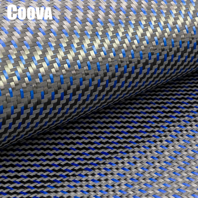 F241 COOVA Blue Kevlar & Carbon Fiber Cloth 2+1Mixed Plain Tela Fibra De Carbono Carbon Fabric Jacquard Width 200mm/300mm