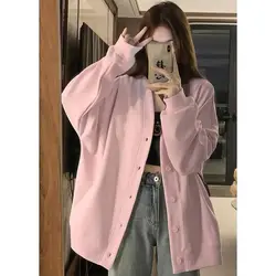 Fashion V-Neck Button Pockets Solid Color Casual Coats Female Clothing 2024 Autumn New Loose All-match Tops Korean Jackets