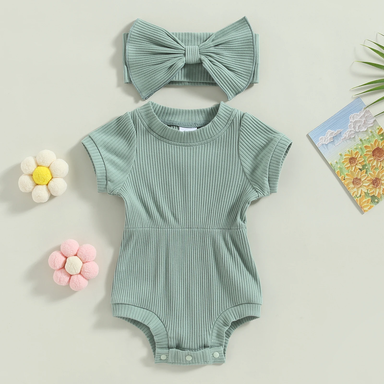 

Baby Girls Jumpsuit Set Solid Color Ribbed Short Sleeve Romper with Bow Headband Summer Outfits