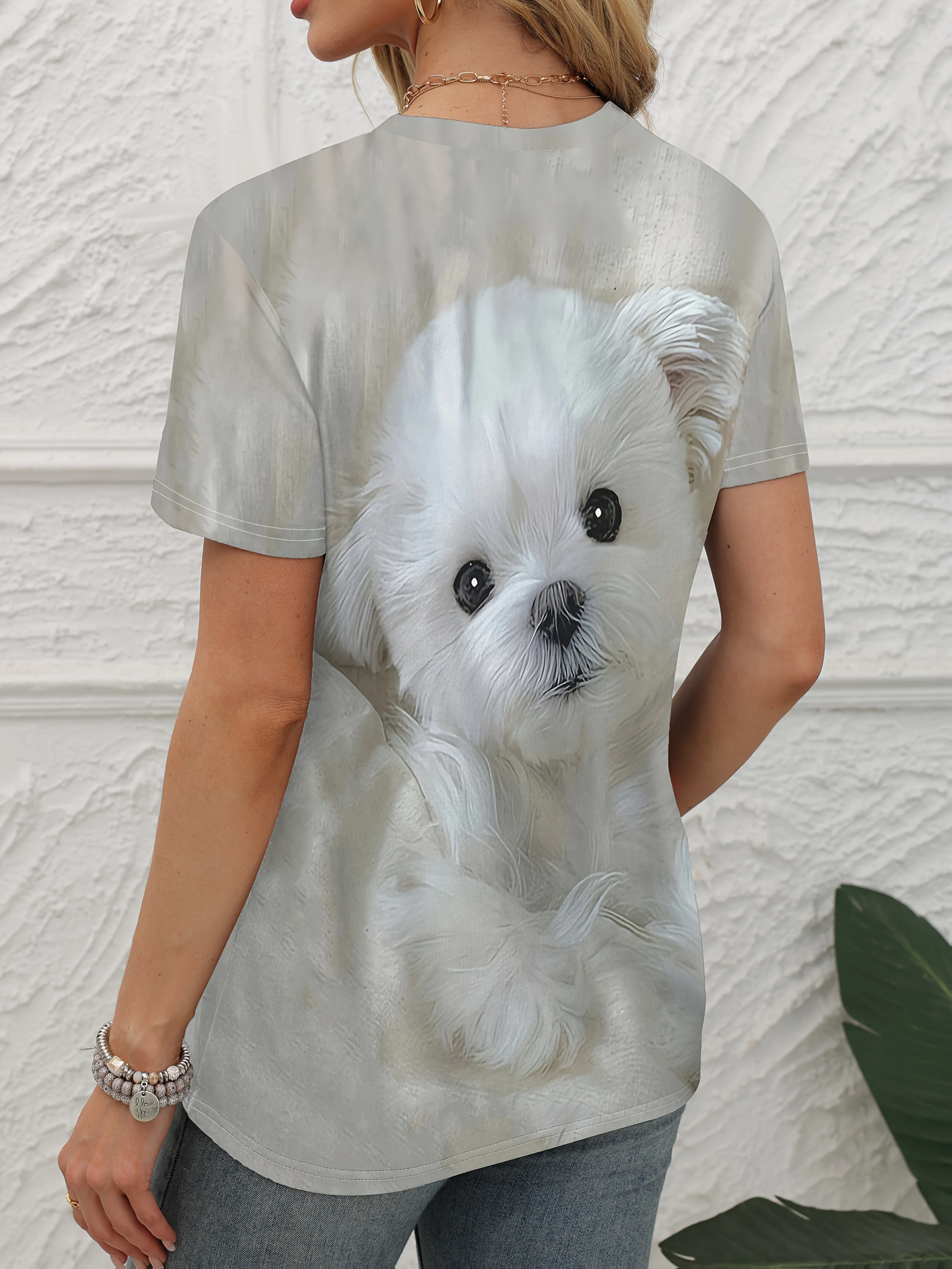 Adorable Yorkshire Terrier Dog Print, Soft Polyester Blend Crew Neck Tee for Casual Attire, Ladies T Shirts