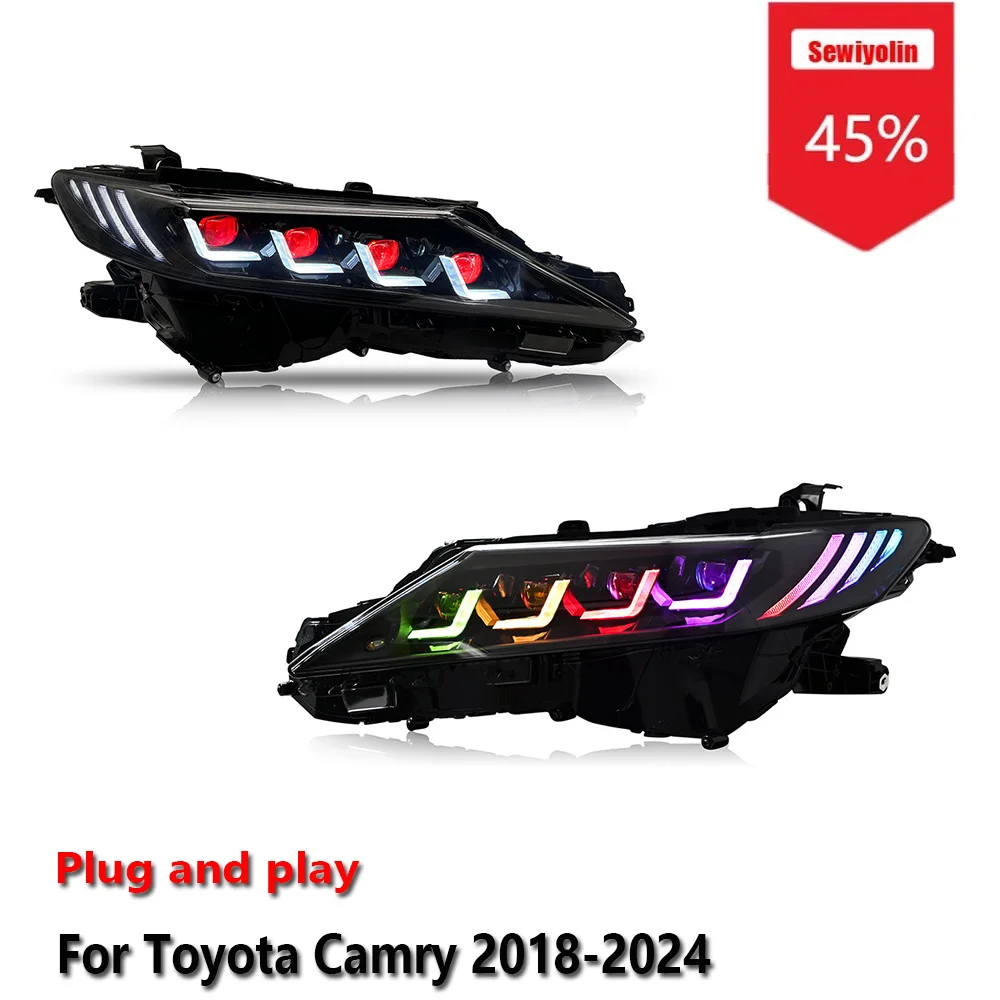 

Sewiyolin автомобильные светодиодные фары в сборе для Toyota Camry 2018-2024 RGB противотуманные фары DRL тормозной указатель поворота Plug and Play