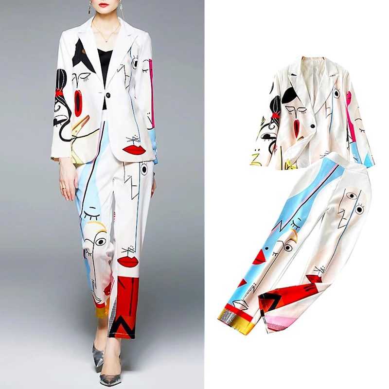 

Korea Fashion 2 Piece Sets Womens Outfits Designer Elegant Chic Graffiti Blazer Coat Women And Trousers Pants Suit Women SL139