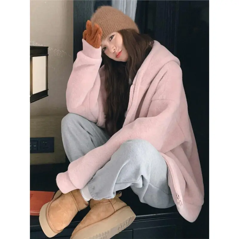 

Женская верхняя одежда из овечьей шерсти, зимние теплые топы на флисовой подкладке в консервативном стиле, свободная куртка с хлопковой подкладкой для отдыха, утепленная толстовка с капюшоном