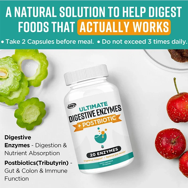 Orgabay Digestive Enzymes 1000mg with Postbiotics, 20 Enzyme Blend for Bloating, Optimal Digestion and Gut Function