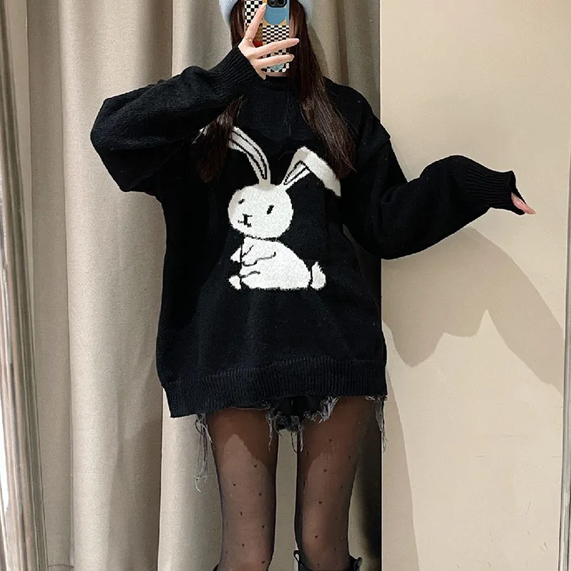 Cute Cartoon Furry Rabbit Round Collar Knit Sweater Casual Loose Spring Autumn Women Black Knitting Jumper Bottoming Sweaters