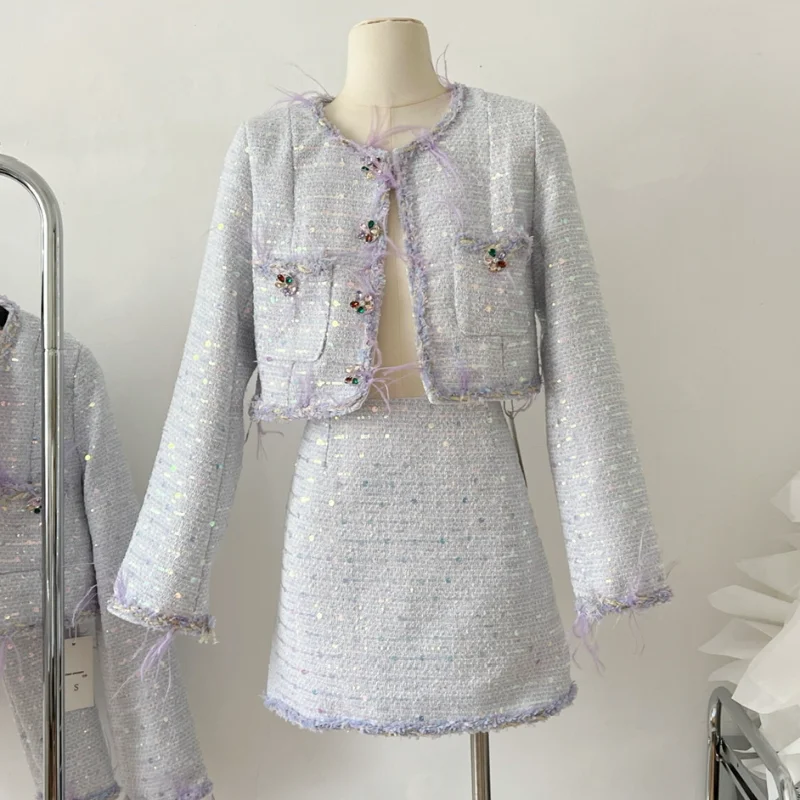 

Sweet Purple Tweed Two Pice Set Small Fragrance Feather Sequined Short Jacket + Mini Skirt Autumn High Quality Luxury Women Suit