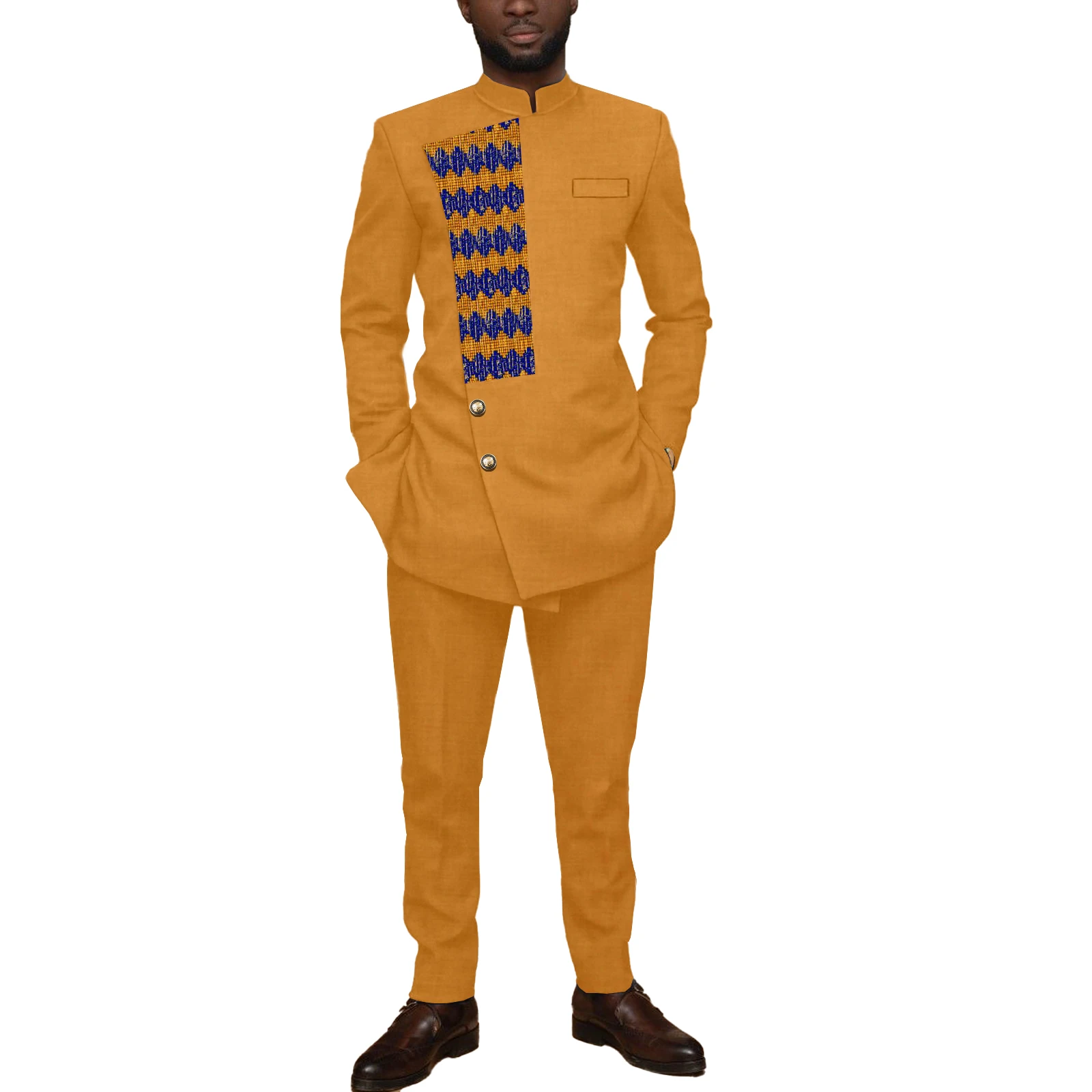 

Slim Fit African Suit For Men Traditional Ankara Print Patchwork Blazer and Pants Outfits 2 Piece Set