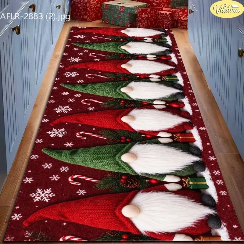 VIKAMA Christmas Runner Rug, Christmas Gnomes Tomte, Candy Canes Snowflakes, Festive Printed, Soft Cozy, Hallway