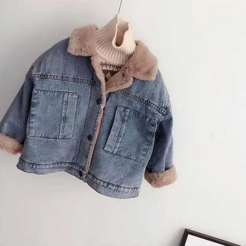 Autumn Winter Thicken Baby Boys Denim Jacket Plus Cashmere Warm Children Outerwear Fashion Coat 2 3 4 5 6 7 8 Years Kids Clothes