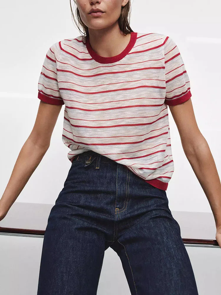 

Women's Summer New Sweet Temperament round Neck Stripe Short Sleeve Casual Knitted Top Soft Comfortable Loose Fit Knitwear