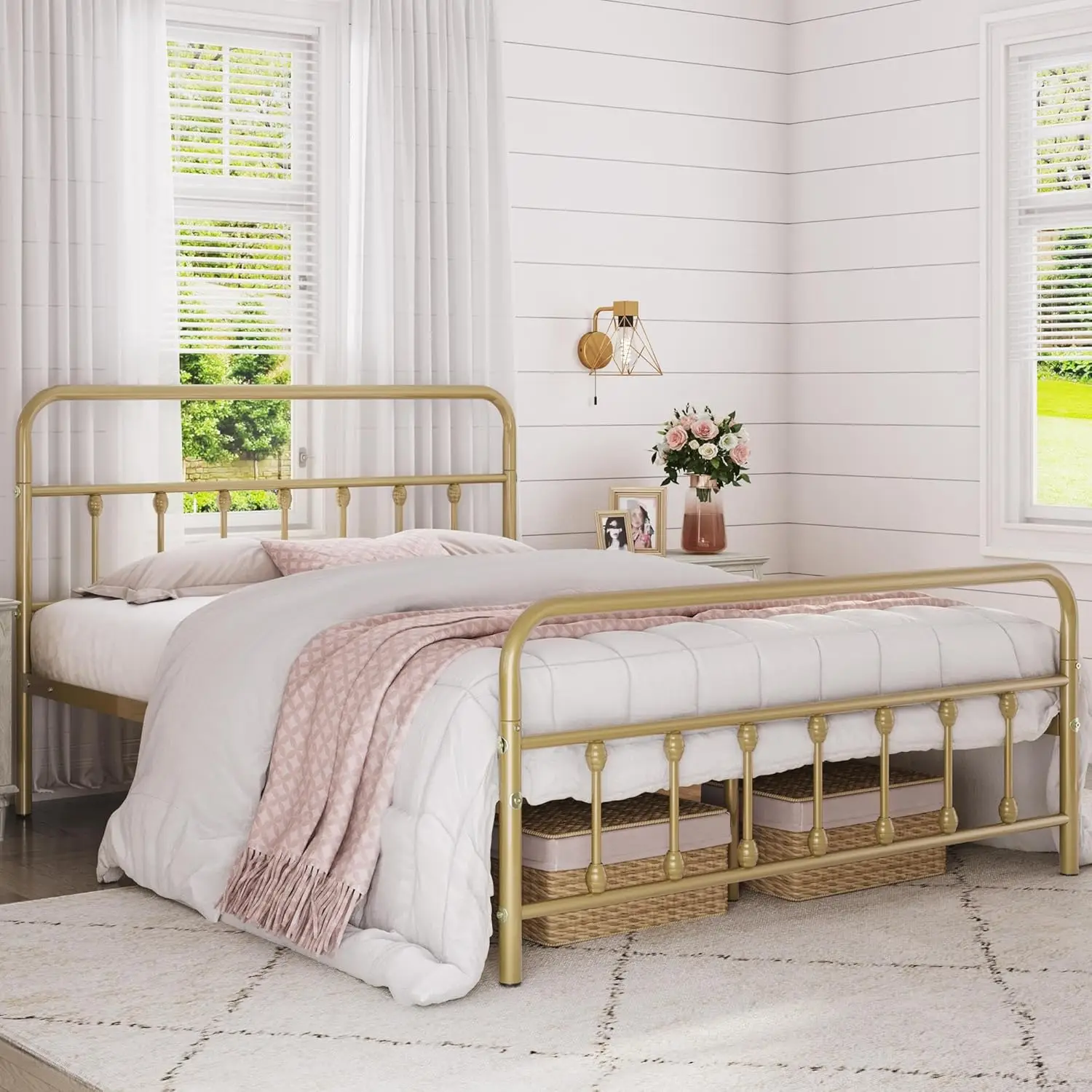 Klassiek Metalen Platform Bed Frame Matrasbasis, Gesmeed Ijzeren Hoofdeinde/Voetensteun/Onderbed Opbergruimte/Geen Veren Nodig