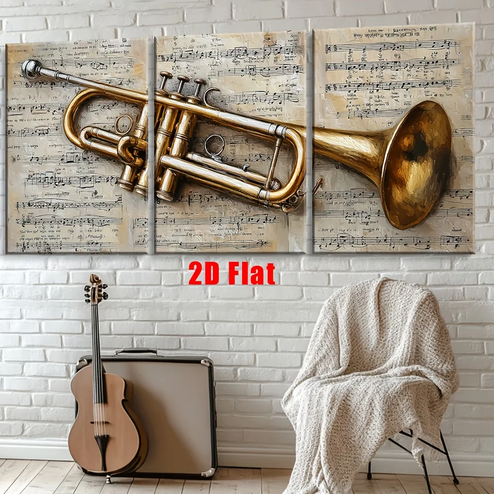 （NoFrame 3PCS）-2D Flat, 2D Flat, 2D Flat Set of Three Frameless Canvas Paintings Featuring a Trumpet Above Sheet Music, Ideal