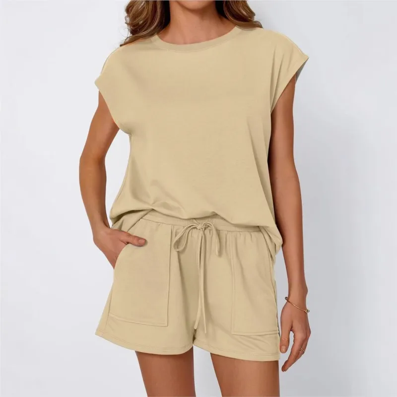 

Round Neck Short-sleeved Drawstring Shorts Two-piece Set For Women's Daily Outdoor Commuting Loose Spring Summer New Casual Suit