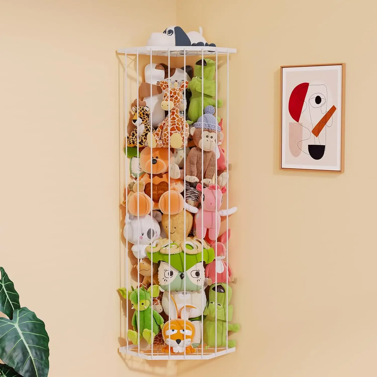 

Corner Plush Toy Organizer - Adjustable Height 39-59 in, Wall-Mounted Stuffed Animal Net Holder for Kids Room, White
