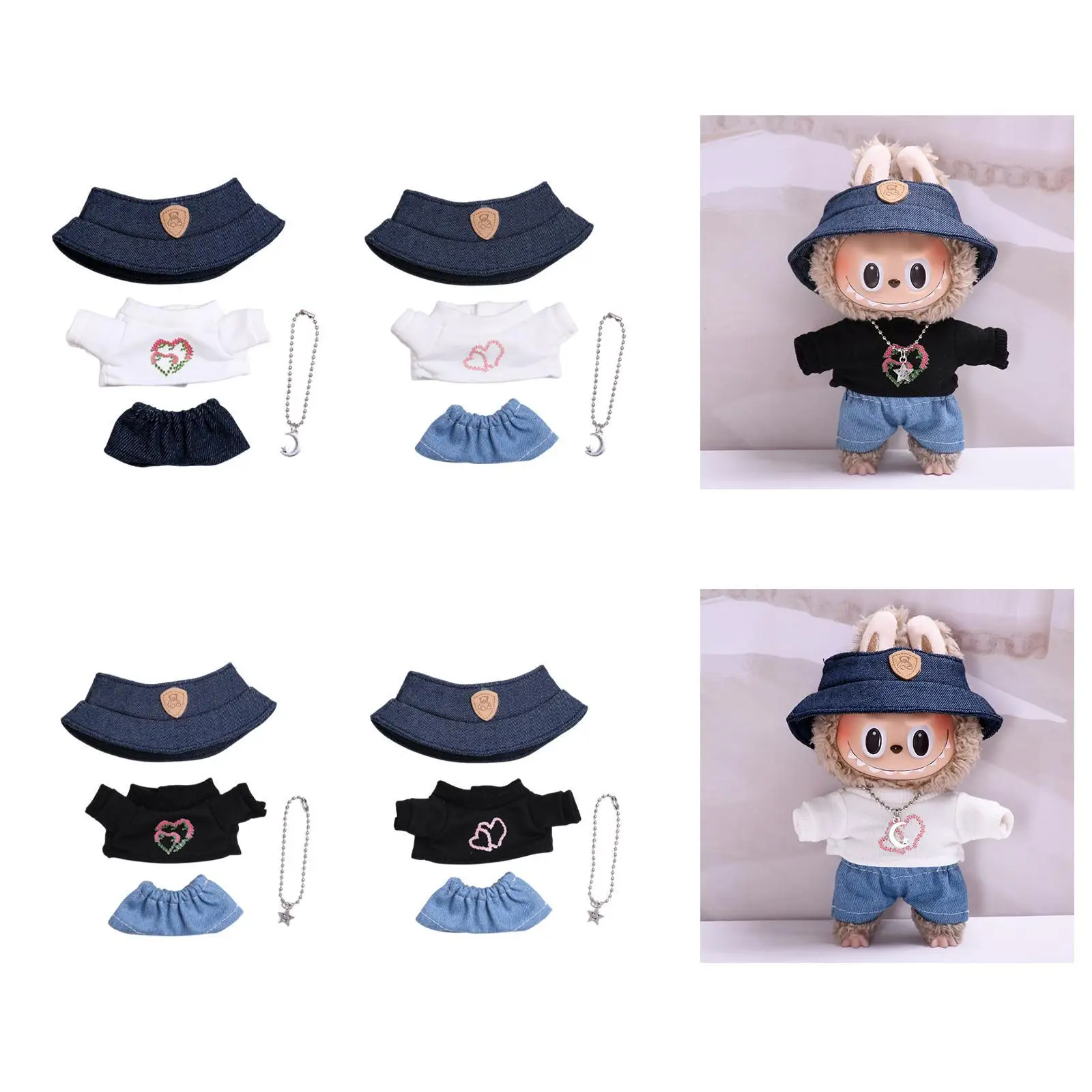 4x Girl Doll Clothes with Doll T-shirt, Jeans, Necklace, Hat Handmade Dress up Cartoon Mini for 15cm-17cm Doll Birthday Gifts