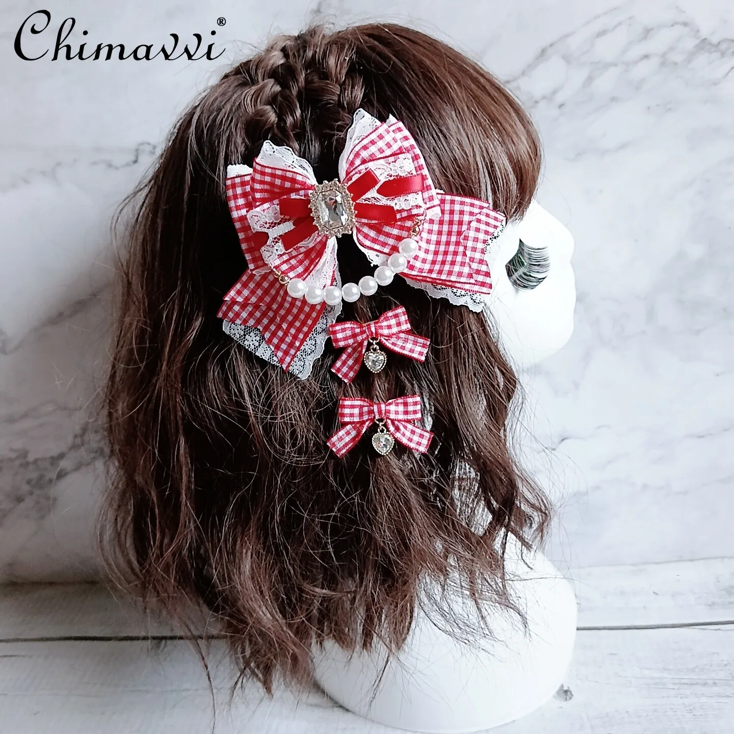 

Original Japanese Mass-produced Plaid Lace Bows Headwear Cute Girl Elegant Princess Hairpin Side Clip Women's Hair Accessories