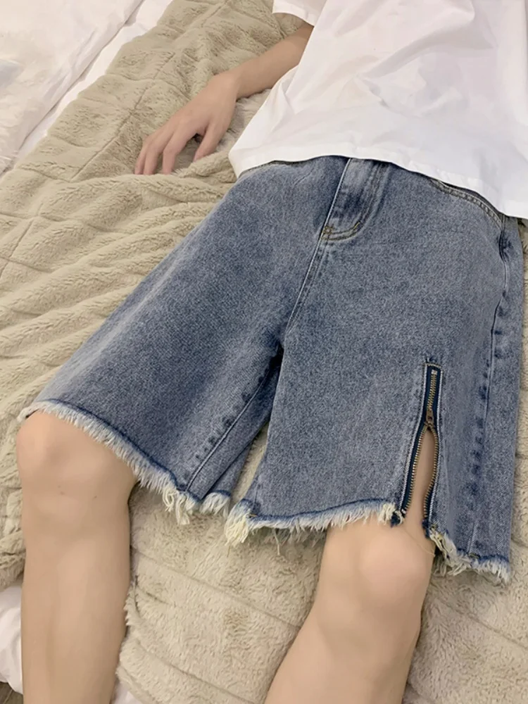 

Summer Thin Denim ort Pants Men's Casual Loose Straight Leg Five-Quarter Length Zipper Fly with Frayed Hem Trendy Street Sle