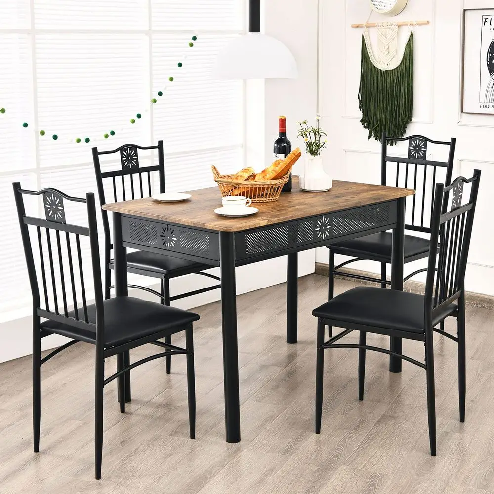 

5 Pieces Dining Table and Chairs Set, Vintage Retro Wood Top Metal Frame Padded Seat Dining Table Set Home Kitchen Dining Room