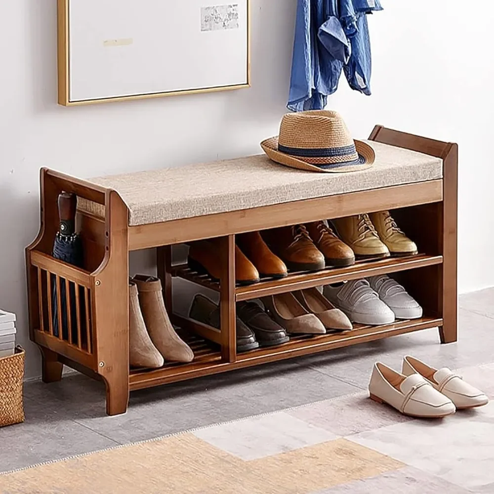 2 Tier Shoe Bench with Hidden Drawer and Side Holder Entryway Hallway Living Room