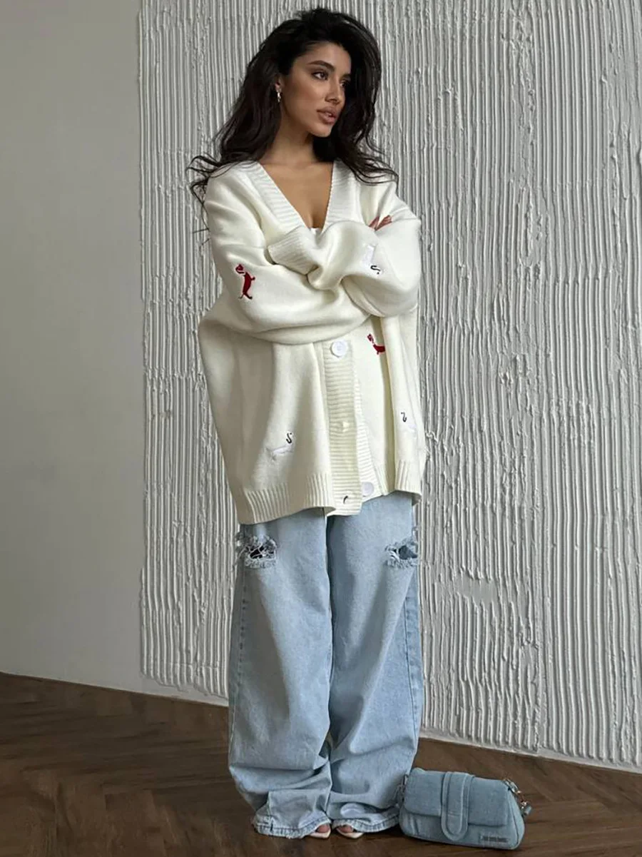 

Ранняя осень, свитер с вышивкой собаки, кардиган, свободная универсальная куртка с v-образным вырезом и длинными рукавами, ленивая модная женская одежда