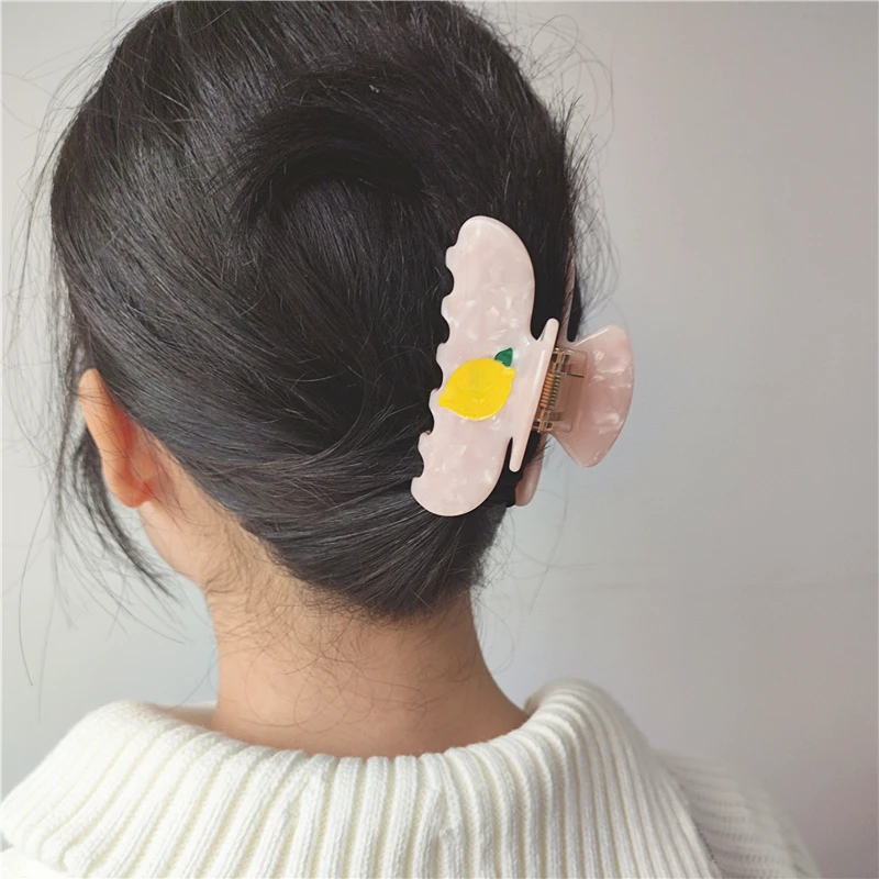 HANGZHI Retro Checkered Cherry Shark Hair Claw Pink Heart Lemon Print Ponytail Hair Clip for Women 2023 New Trendy Headwear