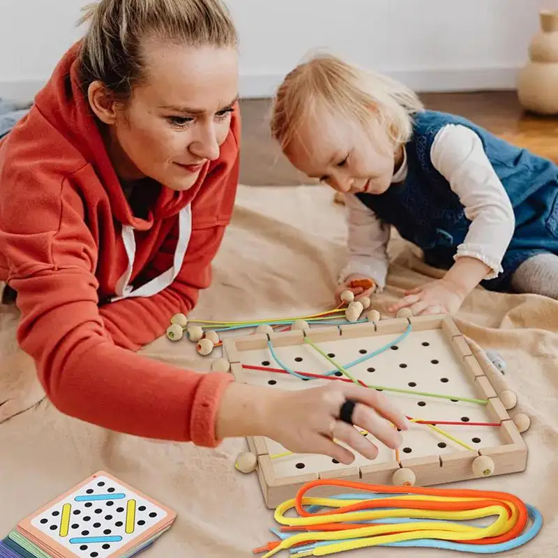 Brinquedos de rosqueamento para crianças, corda colorida, rosqueamento e puxando placa de madeira, 40 cartões, brinquedo educacional interativo para crianças