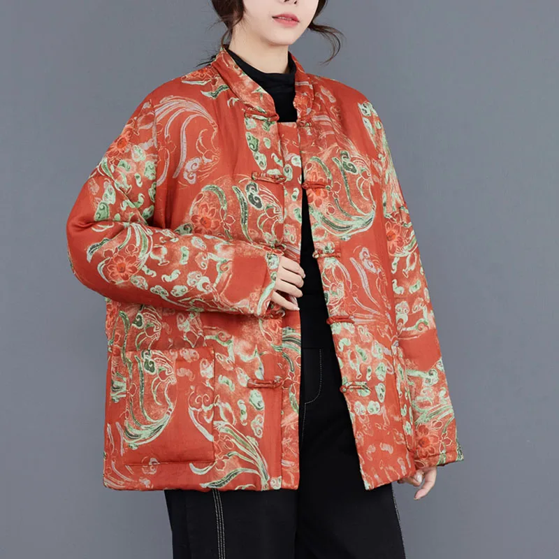 

Short Vintage Flower Cotton Padded Coat Women's Chinese Peony Winter Thicken Quilted Coats Warm Loose Outerwear Female Cardigan