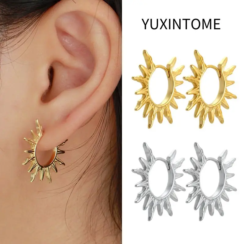 925 Sterling Silver Ear Needle Vintage Sun Hoop Earrings dla kobiet Punk Hip Hop Sun Flower Big Earrings Fashion Jewelry Gifts