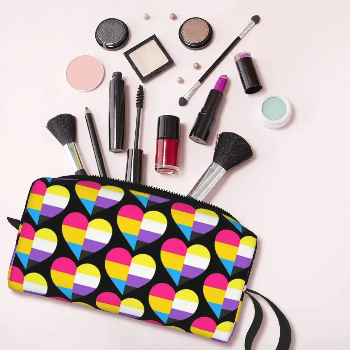 Pan And Nonbinary Pride Heart Bolsa de maquillaje Organizador de cosméticos Kit de almacenamiento Dopp Bolsa de cosméticos de artículos de tocador para mujeres Estuche de lápices de belleza
