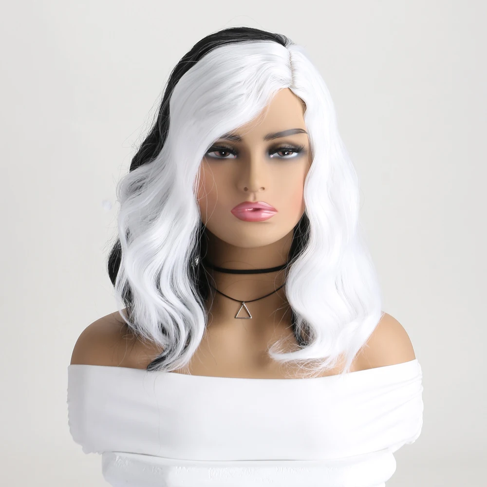 

16 Inch Shoulder-Length Natural Synthetic Wigs for Women Short curly White Black Wig Daily Party Cosplay Halloween