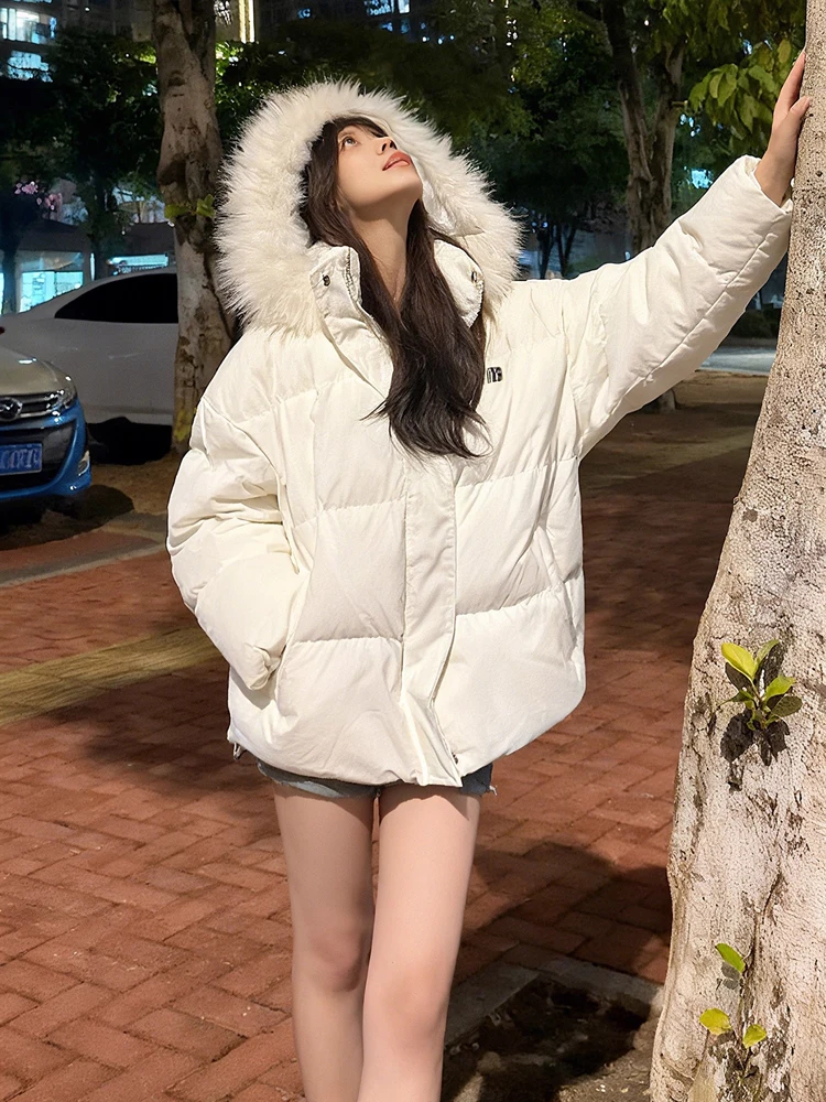 معطف أبيض بياقة من الفرو قابل للفصل بغطاء للرأس من القطن Jaet للسيدات شتوي كوري فضفاض معطف قطني للخبز الدافئ #5