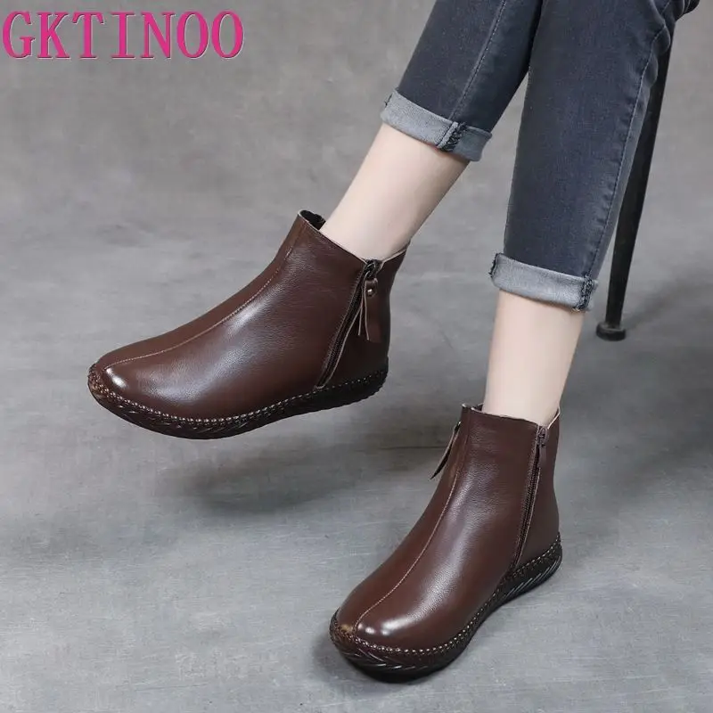 

GKTINOO 2024 Genuine Leather Winter Boots Women Warm Plush Low Heel Fashion Zipper Comfortable Flat Ankle Boots For Women Soft