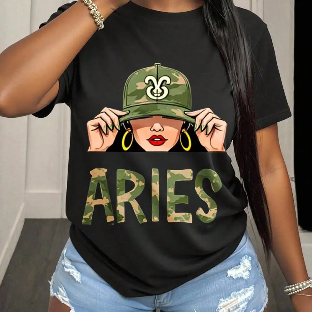 Aries Zodiac Sign Graphic Tee With Camo Hat Design For Women Fashion Statement Shirt Astrology Inspired Top, 220g