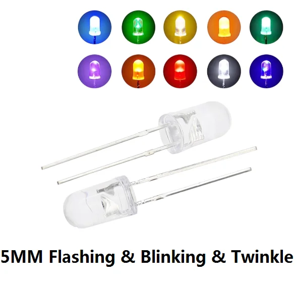 100PC Blinking 5mm Twinkle Flashing LED Diode Flash RGB Transparent Multicolor Flicker Round 5 Mm Light-Emitting Red Yellow Blue