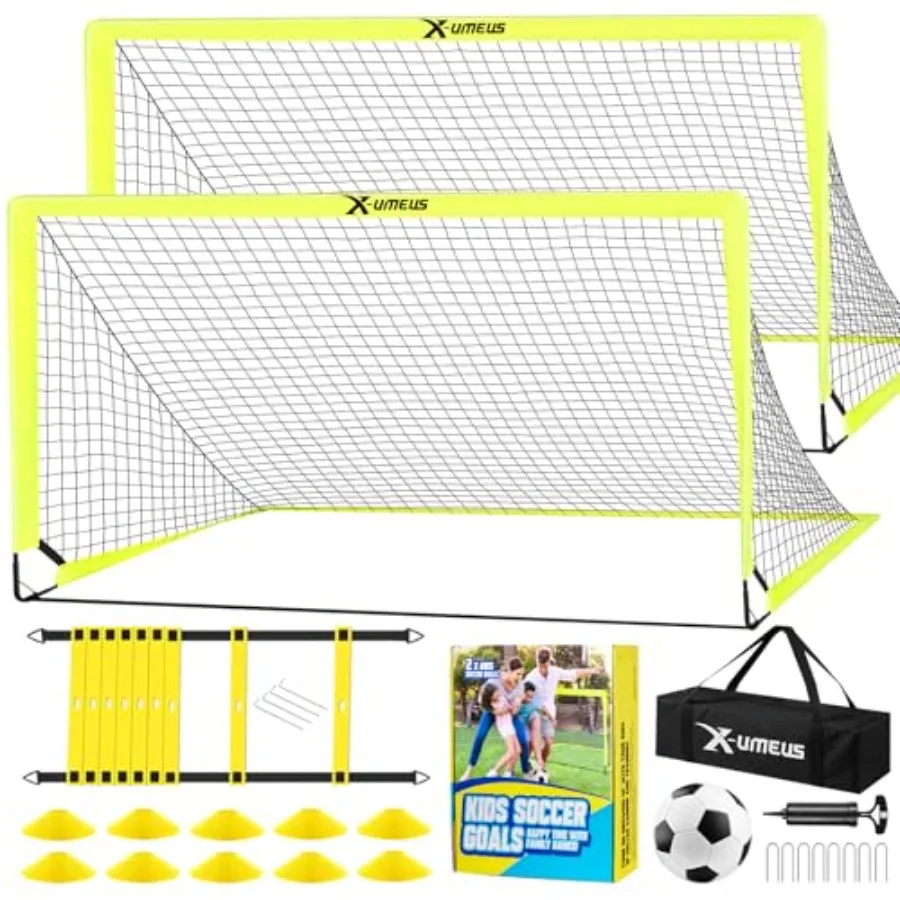 

Backyard kids soccer goals set of 2, polyethylene frame with black net, portable pop-up design for ages 3-12, includes ball and
