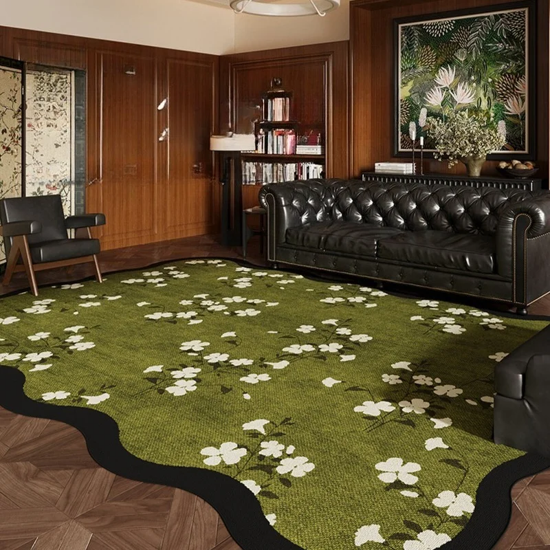 

Зеленый ковер с волнистым краем для гостиной, креативный высококачественный коврик с цветочным принтом для спальни, стильный художественный декор для дома, коврик под журнальный столик, тапи.
