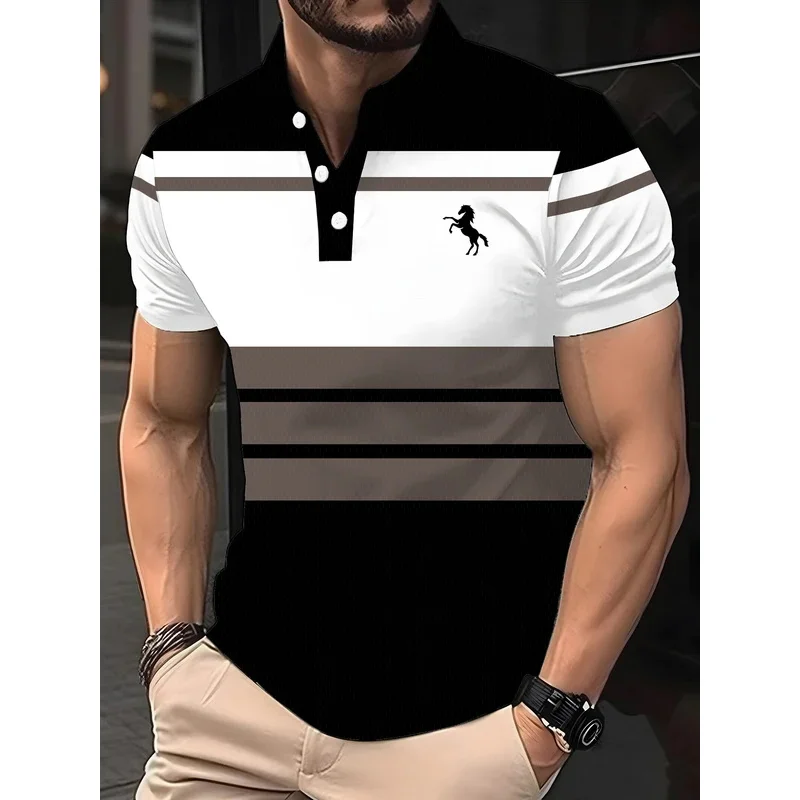 New men's polo shirt with striped print, simple men's summer casual short-sleeved loose shirt, oversized fashionable breathable
