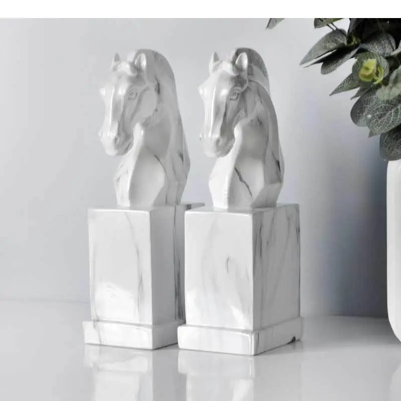 Marble Texture Horse Book Stand Bookend Resin Sculpture Library Desk Decoration Furnishings Statue Modern Home Decor