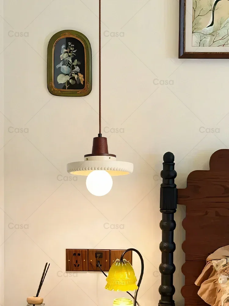 Nordic Medieval Bedside Pendant Light American Retro Walnut Solid Wood Resin Hanging Lamp For Hallway Restaurant Decor